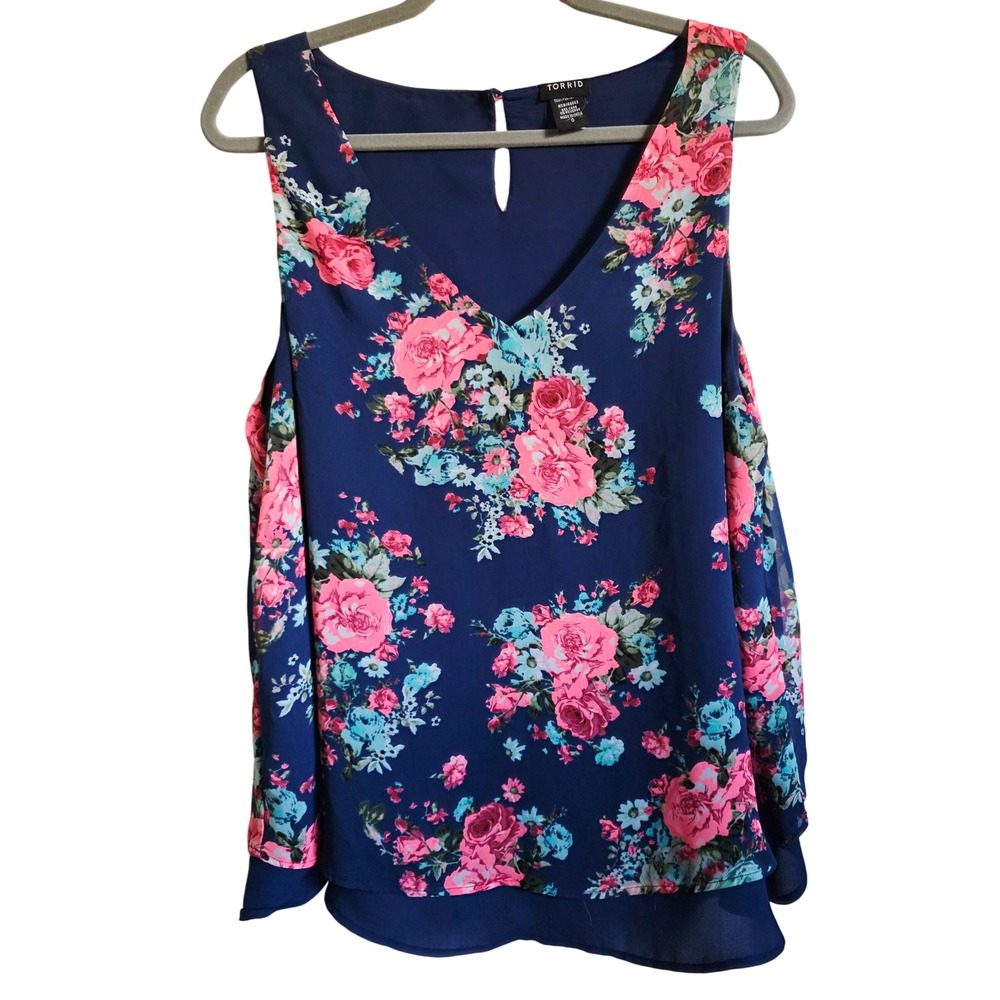 Torrid Womens‎ Sleeveless V Neck Floral Print Navy Blue Keyhole Top Size 0
